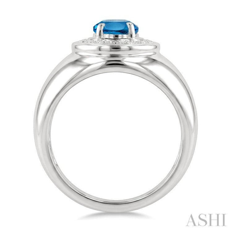 8X6 MM Oval Shape Blue Topaz and 1/20 Ctw Round Cut Diamond Semi-Precious Ring in Sterling Silver