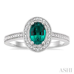 7X5 MM Oval Shape Lab-Created Emerald and 1/50 Ctw Round Cut Diamond Precious Ring in Sterling Silver