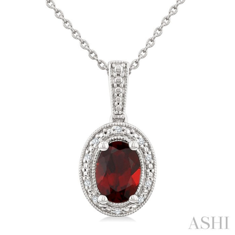 7X5 MM Oval Shape Garnet and 1/50 Ctw Round Cut Diamond Semi-Precious Pendant With Chain in Sterling Silver