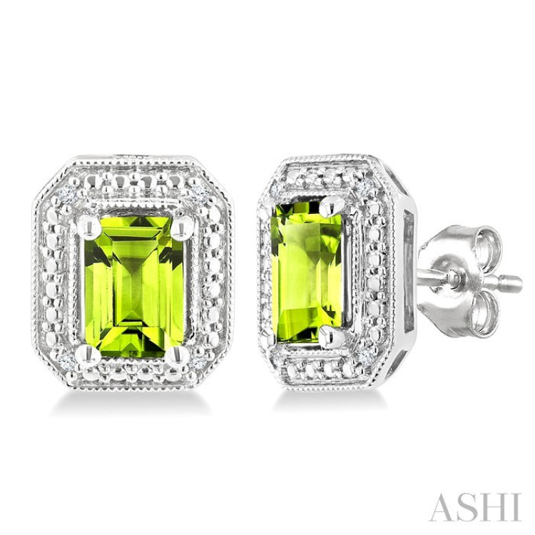 6X4 MM Octagon Shape Peridot and 1/50 Ctw Round Cut Diamond Semi-Precious Earrings in Sterling Silver