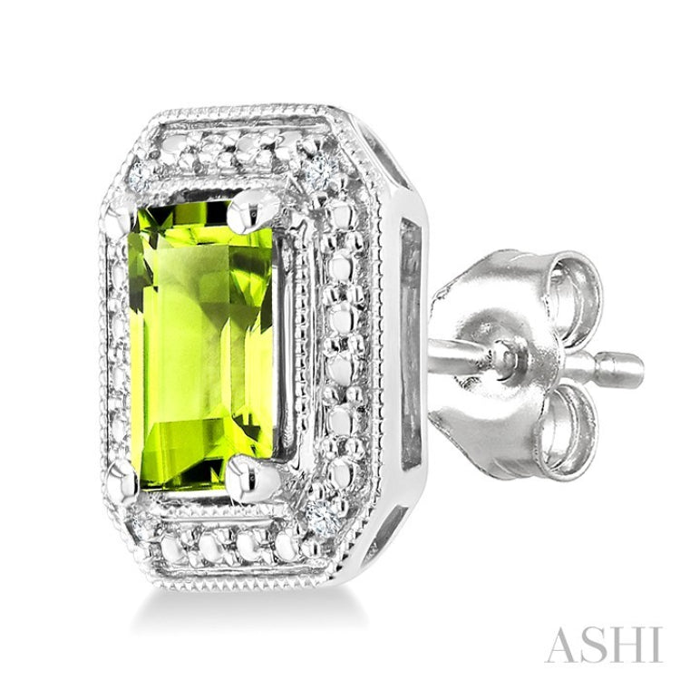 6X4 MM Octagon Shape Peridot and 1/50 Ctw Round Cut Diamond Semi-Precious Earrings in Sterling Silver