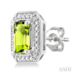6X4 MM Octagon Shape Peridot and 1/50 Ctw Round Cut Diamond Semi-Precious Earrings in Sterling Silver