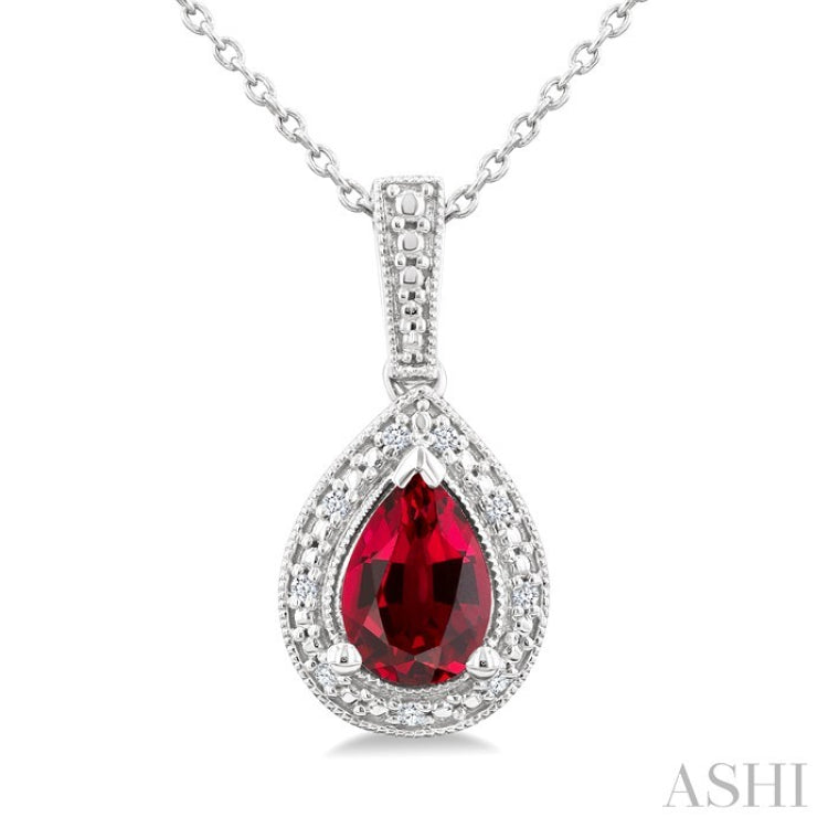 7X5 MM Pear Shape Lab-Created Ruby and 1/50 Ctw Round Cut Diamond Precious Pendant With Chain in Sterling Silver