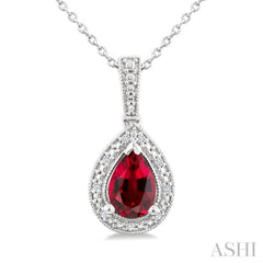 7X5 MM Pear Shape Lab-Created Ruby and 1/50 Ctw Round Cut Diamond Precious Pendant With Chain in Sterling Silver