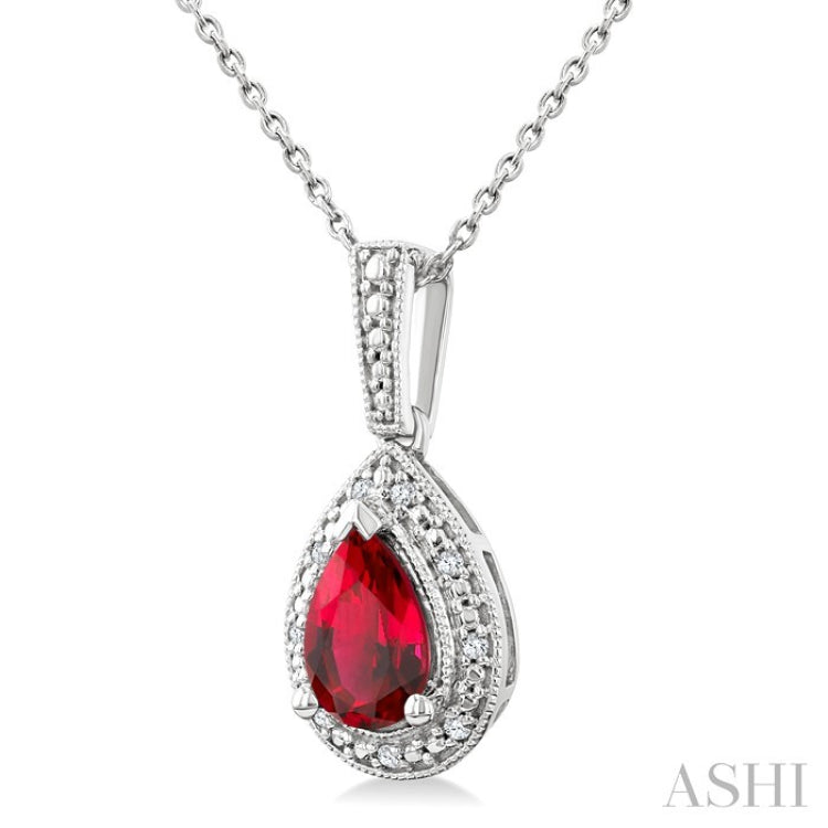 7X5 MM Pear Shape Lab-Created Ruby and 1/50 Ctw Round Cut Diamond Precious Pendant With Chain in Sterling Silver