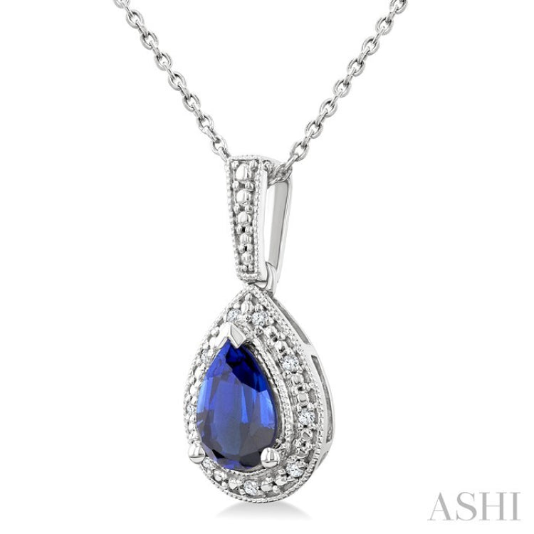 7X5 MM Pear Shape Lab-Created Sapphire and 1/50 Ctw Round Cut Diamond Precious Pendant With Chain in Sterling Silver
