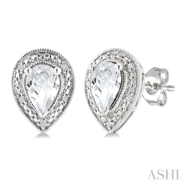 6X4 MM Pear Shape White Topaz and 1/50 Ctw Round Cut Diamond Semi-Precious Earrings in Sterling Silver