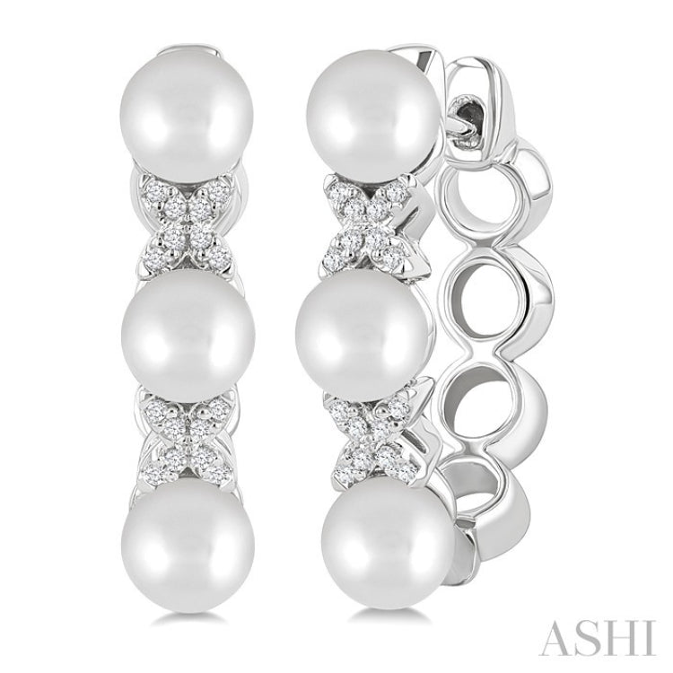 5 MM Cultured Pearl and 1/10 Ctw Round Cut Diamond Flower Earrings in 14K White Gold