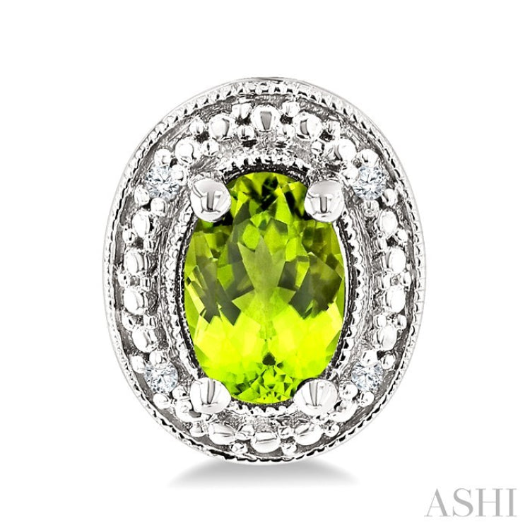 6X4 MM Oval Shape Peridot and 1/50 Ctw Round Cut Diamond Semi-Precious Earrings in Sterling Silver