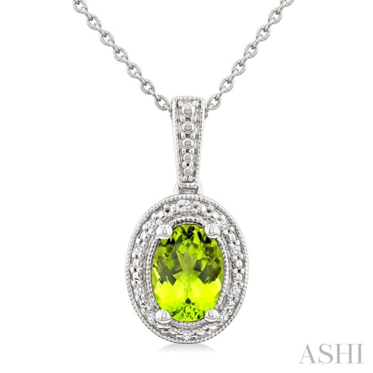 7X5 MM Oval Shape Peridot and 1/50 Ctw Round Cut Diamond Semi-Precious Pendant With Chain in Sterling Silver