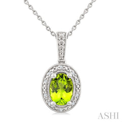 7X5 MM Oval Shape Peridot and 1/50 Ctw Round Cut Diamond Semi-Precious Pendant With Chain in Sterling Silver