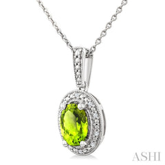 7X5 MM Oval Shape Peridot and 1/50 Ctw Round Cut Diamond Semi-Precious Pendant With Chain in Sterling Silver