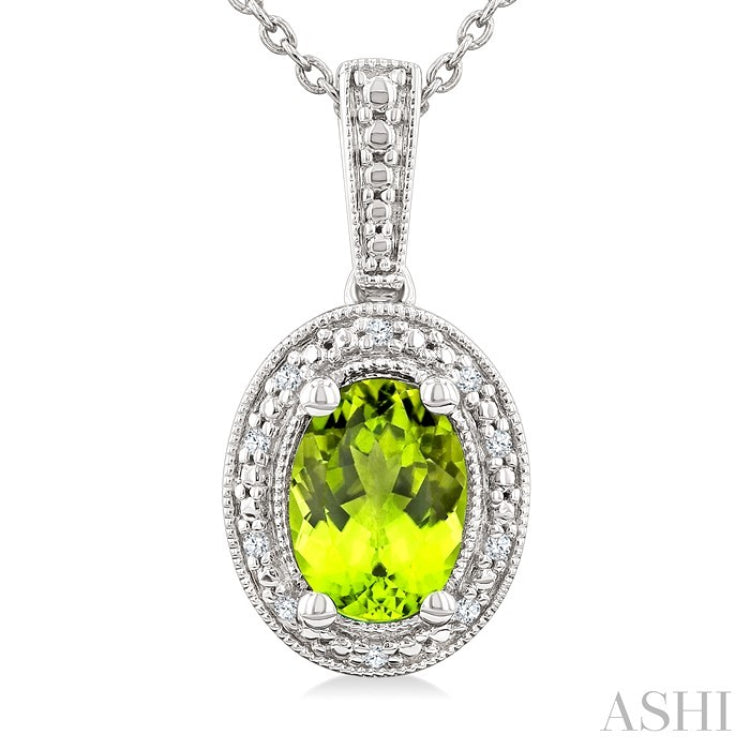 7X5 MM Oval Shape Peridot and 1/50 Ctw Round Cut Diamond Semi-Precious Pendant With Chain in Sterling Silver