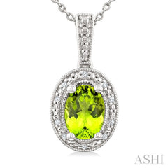 7X5 MM Oval Shape Peridot and 1/50 Ctw Round Cut Diamond Semi-Precious Pendant With Chain in Sterling Silver