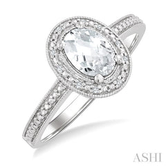 6X4 MM Oval Shape White Topaz and 1/50 Ctw Round Cut Diamond Semi-Precious Ring in Sterling Silver
