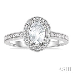 6X4 MM Oval Shape White Topaz and 1/50 Ctw Round Cut Diamond Semi-Precious Ring in Sterling Silver