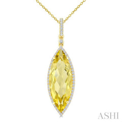 22X8 MM Evoque Gemstones Marquise Shape Lemon Quartz and 1/4 Ctw Round Cut Diamond Semi-Precious Pendant With Chain in 14K Yellow Gold