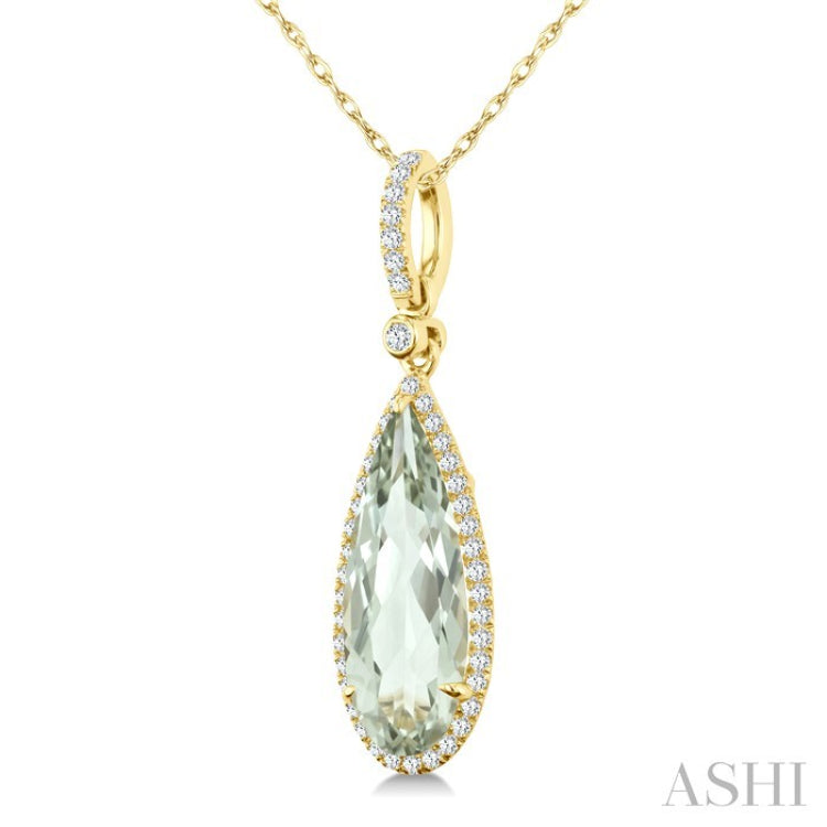16X6 MM Evoque Gemstone Pear Shape Green Amethyst and 1/5 Ctw Round Cut Diamond Semi-Precious Pendant With Chain in 10K Yellow Gold