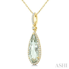 16X6 MM Evoque Gemstone Pear Shape Green Amethyst and 1/5 Ctw Round Cut Diamond Semi-Precious Pendant With Chain in 10K Yellow Gold