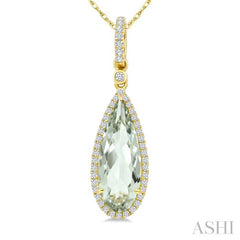 16X6 MM Evoque Gemstone Pear Shape Green Amethyst and 1/5 Ctw Round Cut Diamond Semi-Precious Pendant With Chain in 10K Yellow Gold