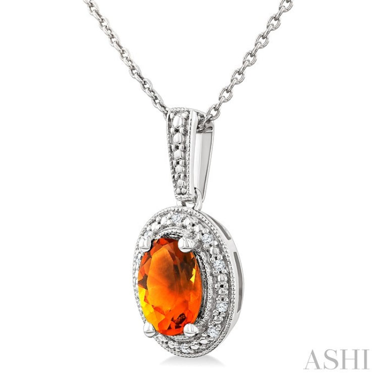 7X5 MM Oval Shape Citrine and 1/50 Ctw Round Cut Diamond Semi-Precious Pendant With Chain in Sterling Silver