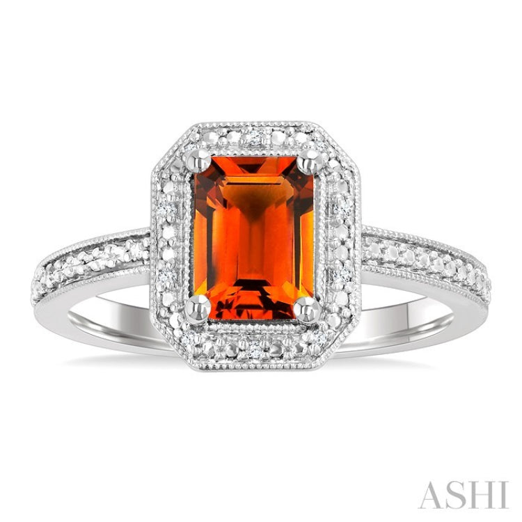 7X5 MM Octagon Shape Citrine and 1/50 Ctw Round Cut Diamond Semi-Precious Ring in Sterling Silver