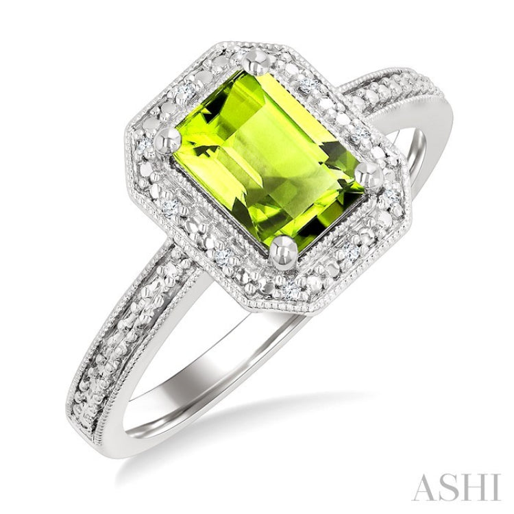 7X5 MM Octagon Shape Peridot and 1/50 Ctw Round Cut Diamond Semi-Precious Ring in Sterling Silver
