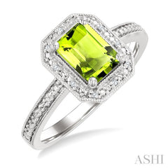 7X5 MM Octagon Shape Peridot and 1/50 Ctw Round Cut Diamond Semi-Precious Ring in Sterling Silver