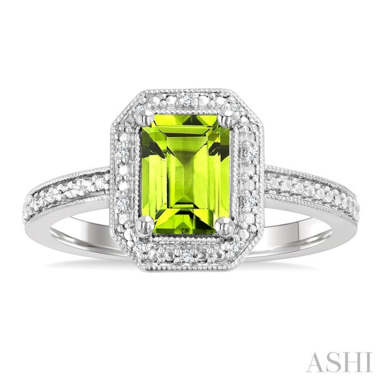 7X5 MM Octagon Shape Peridot and 1/50 Ctw Round Cut Diamond Semi-Precious Ring in Sterling Silver