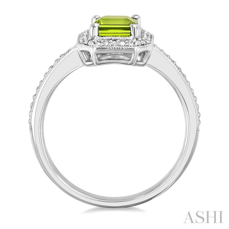 7X5 MM Octagon Shape Peridot and 1/50 Ctw Round Cut Diamond Semi-Precious Ring in Sterling Silver