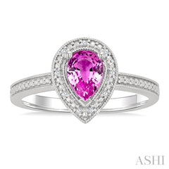 7X5 MM Pear Shape Lab-Created Pink Sapphire and 1/50 Ctw Round Cut Diamond Precious Ring in Sterling Silver