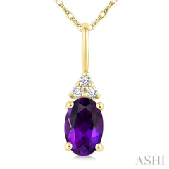 1/50 Ctw Oval Cut 6X4 MM Amethyst and Round Cut Diamond Semi Precious Pendant With Chain in 10K Yellow Gold