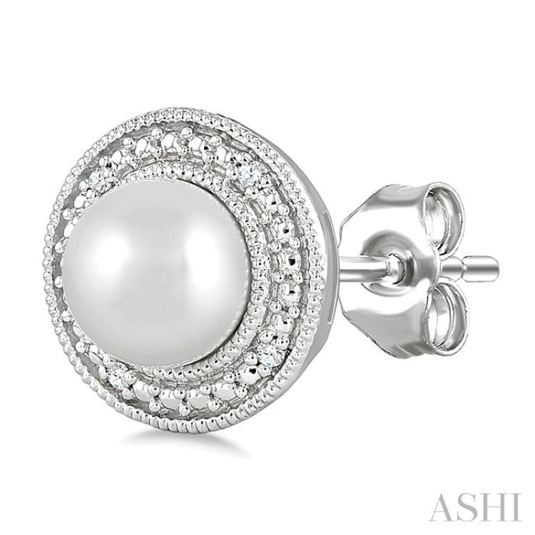 6MM Cultured Pearl and 1/50 Ctw Round Cut Diamond Halo Earrings in Sterling Silver