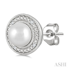 6MM Cultured Pearl and 1/50 Ctw Round Cut Diamond Halo Earrings in Sterling Silver