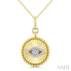 1/10 Ctw Round Cut Diamond Evil Eye Round Fluted Medallion Fashion Pendant With Chain in 10K Yellow and White Gold