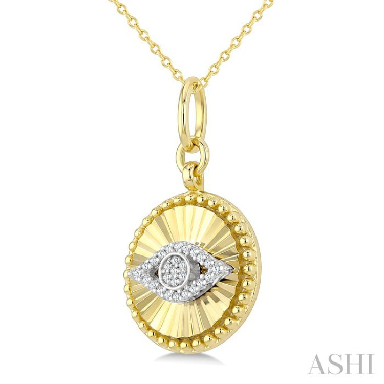 1/10 Ctw Round Cut Diamond Evil Eye Round Fluted Medallion Fashion Pendant With Chain in 10K Yellow and White Gold