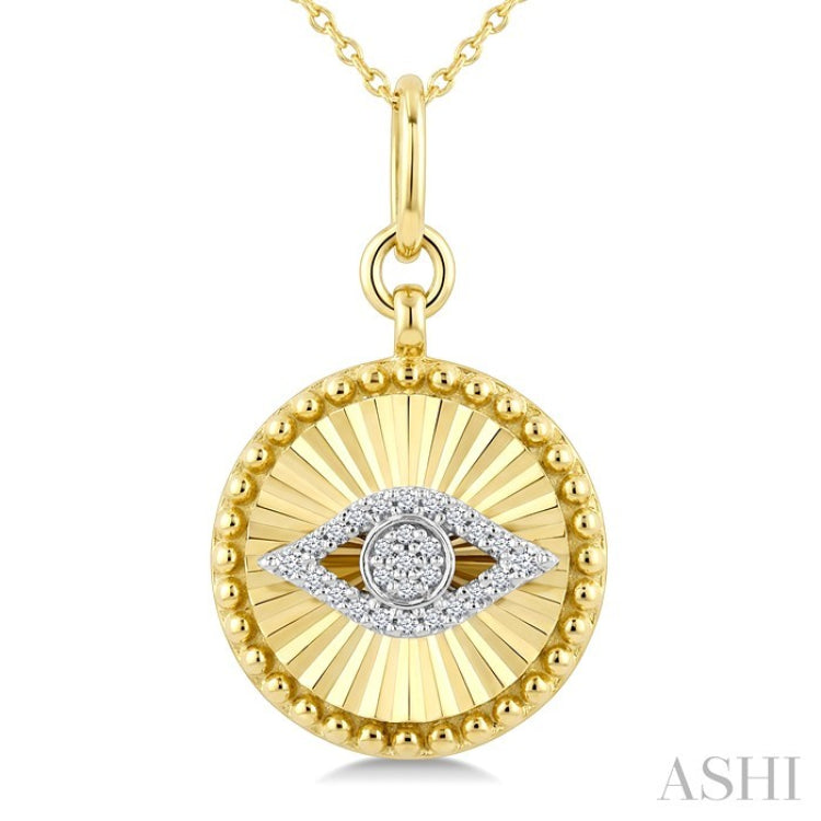 1/10 Ctw Round Cut Diamond Evil Eye Round Fluted Medallion Fashion Pendant With Chain in 10K Yellow and White Gold