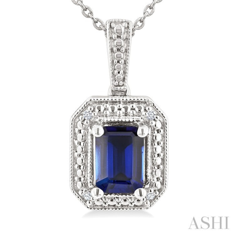 7X5 MM Octagon Shape Lab-Created Sapphire and 1/50 Ctw Round Cut Diamond Precious Pendant With Chain in Sterling Silver