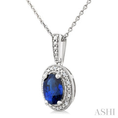 7X5 MM Oval Shape Lab-Created Sapphire and 1/50 Ctw Round Cut Diamond Precious Pendant With Chain in Sterling Silver