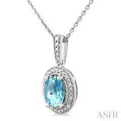 7X5 MM Oval Shape Aquamarine and 1/50 Ctw Round Cut Diamond Semi-Precious Pendant With Chain in Sterling Silver