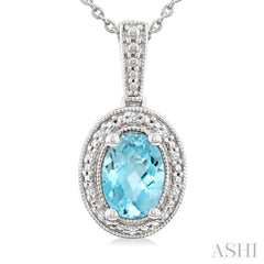7X5 MM Oval Shape Aquamarine and 1/50 Ctw Round Cut Diamond Semi-Precious Pendant With Chain in Sterling Silver