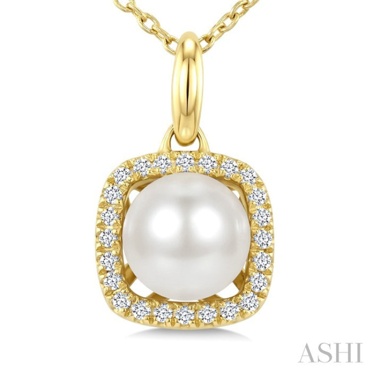 6 MM Cultured Pearl and 1/10 Ctw Round Cut Diamond Petite Cushion Shaped Fashion Pendant With Chain in 10K Yellow Gold