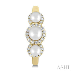 3MM & 4MM Cultured Pearl and 1/4 Ctw Round Cut Diamond Halo Half Hoop Earrings in 14K Yellow Gold