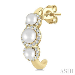 3MM & 4MM Cultured Pearl and 1/4 Ctw Round Cut Diamond Halo Half Hoop Earrings in 14K Yellow Gold