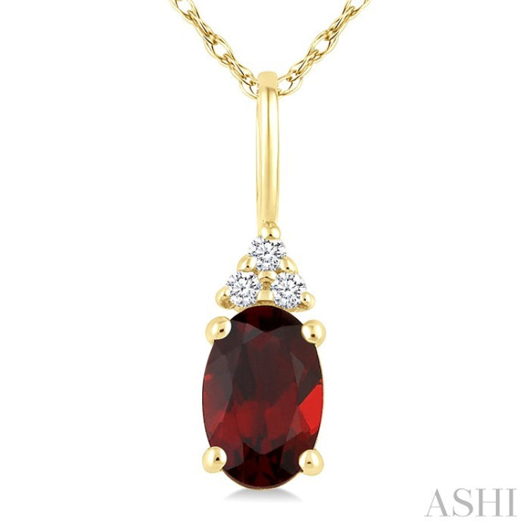 1/50 Ctw Oval Cut 6X4 MM Garnet and Round Cut Diamond Semi-Precious Pendant With Chain in 10K Yellow Gold