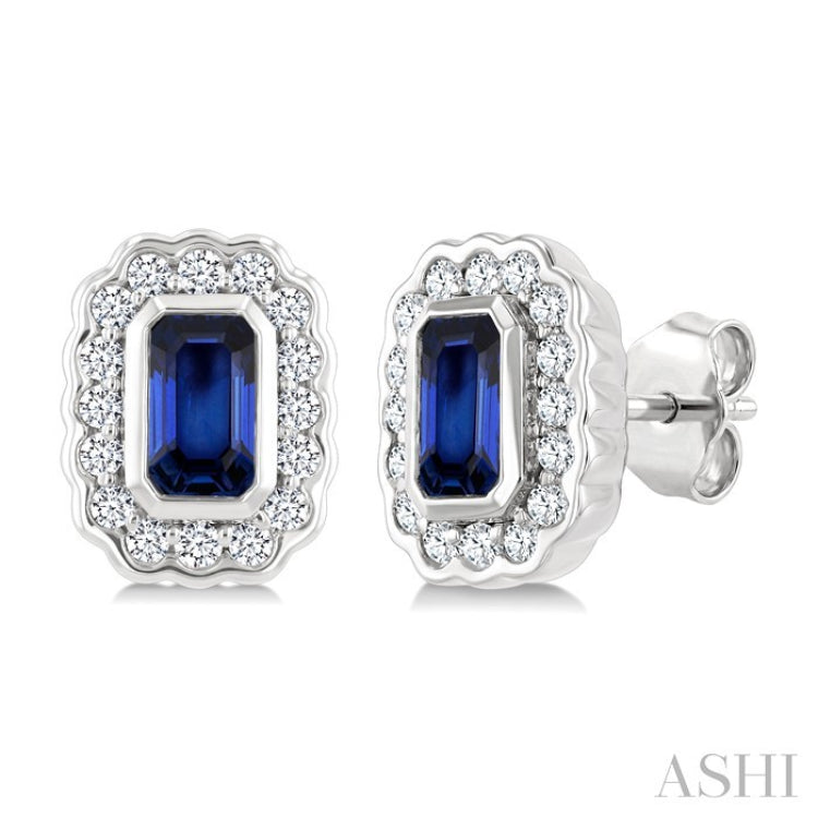 5X3 MM Octagon Shape Sapphire and 1/4 Ctw Round Cut Diamond Bold Precious Earrings in 10K White Gold