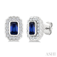 5X3 MM Octagon Shape Sapphire and 1/4 Ctw Round Cut Diamond Bold Precious Earrings in 10K White Gold