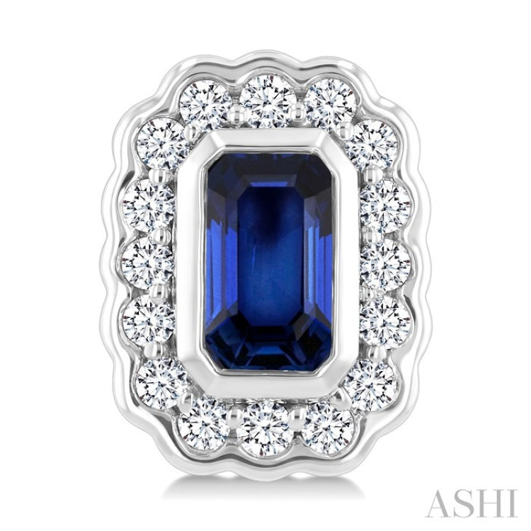 5X3 MM Octagon Shape Sapphire and 1/4 Ctw Round Cut Diamond Bold Precious Earrings in 10K White Gold