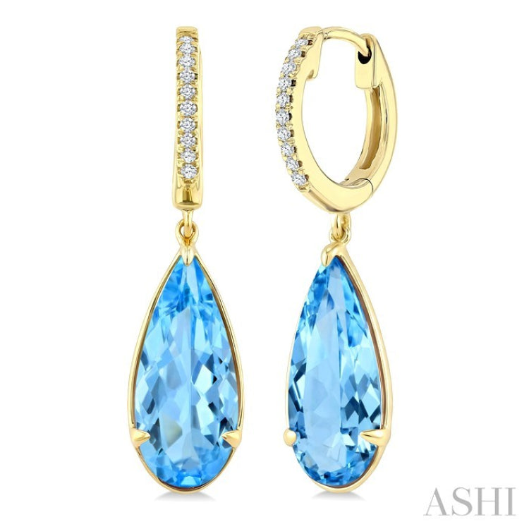 14X6 MM Evoque Gemstones Pear Shape Blue Topaz and 1/10 Ctw Round Cut Diamond Semi-Precious Earrings in 14K Yellow Gold