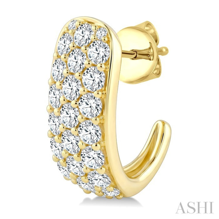 2 Ctw Triple Row Round Cut Diamond Fashion Half Hoop Earrings in 14K Yellow Gold